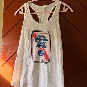 White Tank Top with Blue Ribbon Graphic